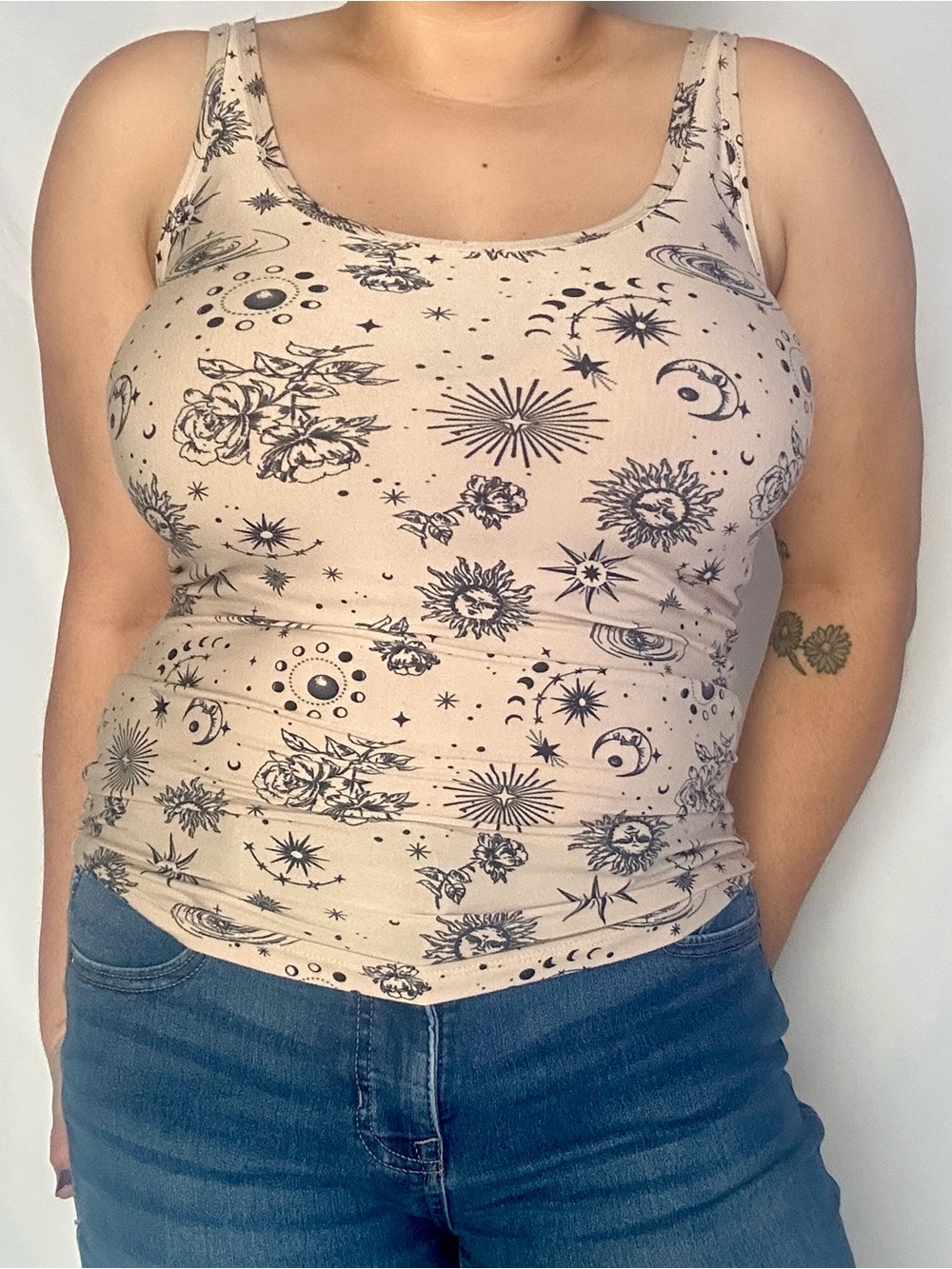 No Boundaries Beige Celestial Print Tank Top